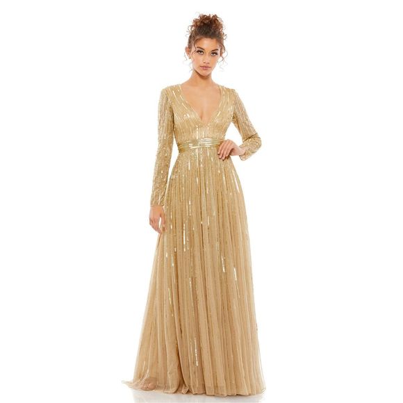 MAC DUGGAL SEQUINED V NECK ILLUSION SLEEVE A LINE GOWN - Picture 1 of 11